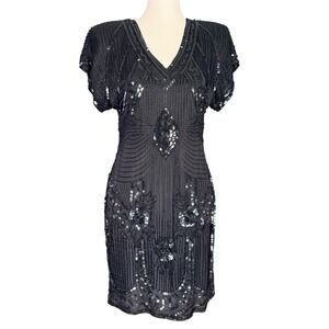 Stenay Vintage Black Silk Beaded Sequin Art Deco Flapper Cocktail Dress Size 8